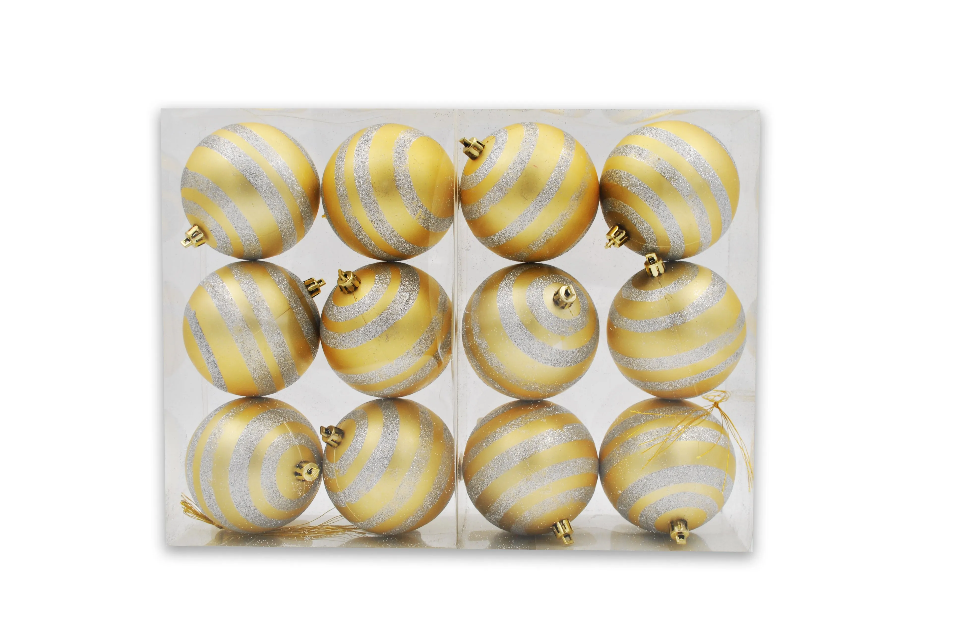 12 Pack of Matte Gold Ball Ornaments with Silver Glitter Stripes