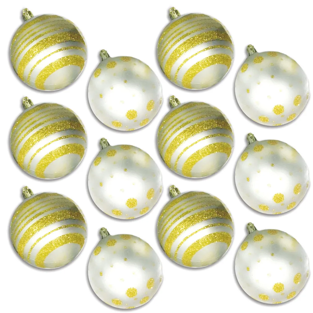 12 Pack of Matte Silver Ball Ornaments with Gold Glitter Designs