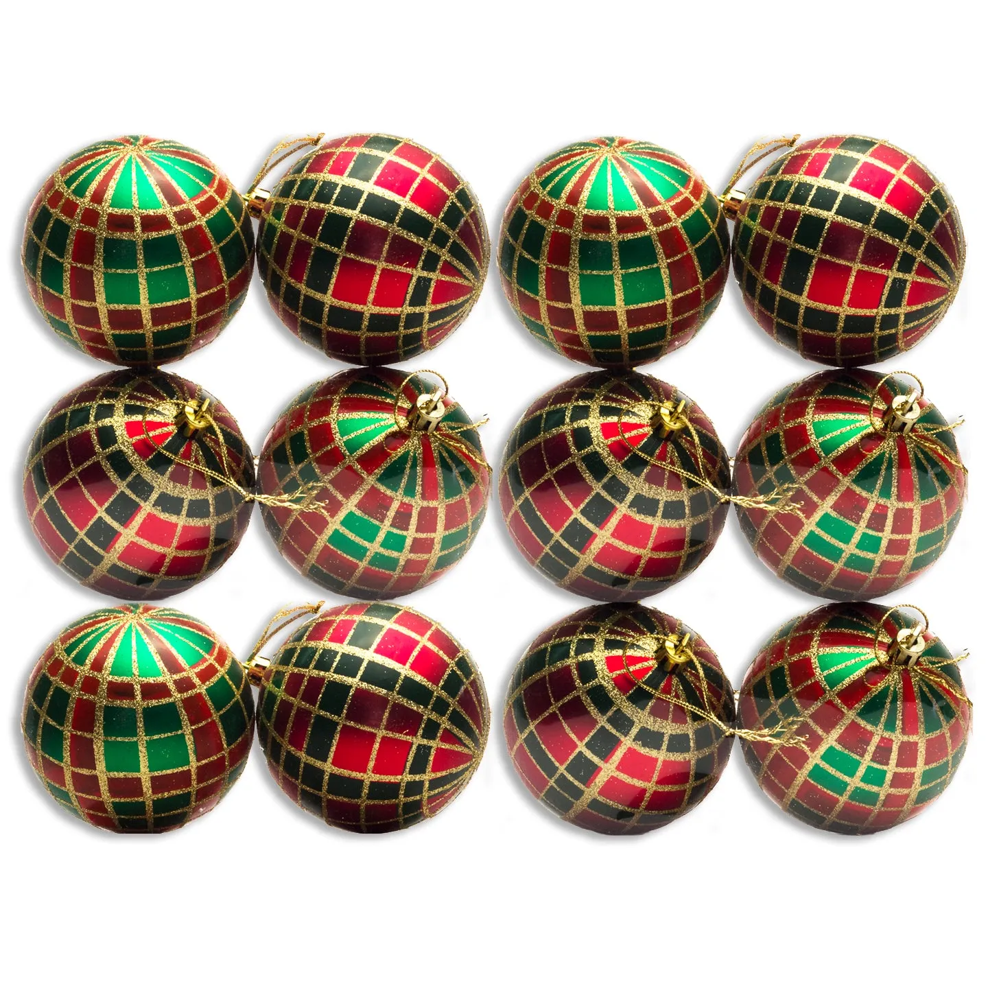 12 Pack of Red, Green, and Gold Plaid Ball Ornaments with Glitter Enhancements