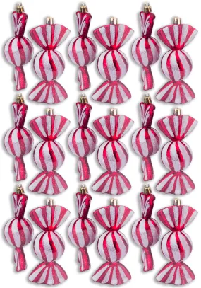 18 Pack of Red and White Candy Ornaments with Glitter Enhancements