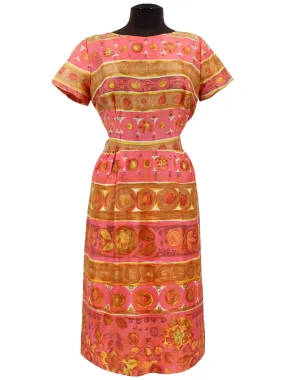 1950s Coral Pink Vintage Patterned Dress