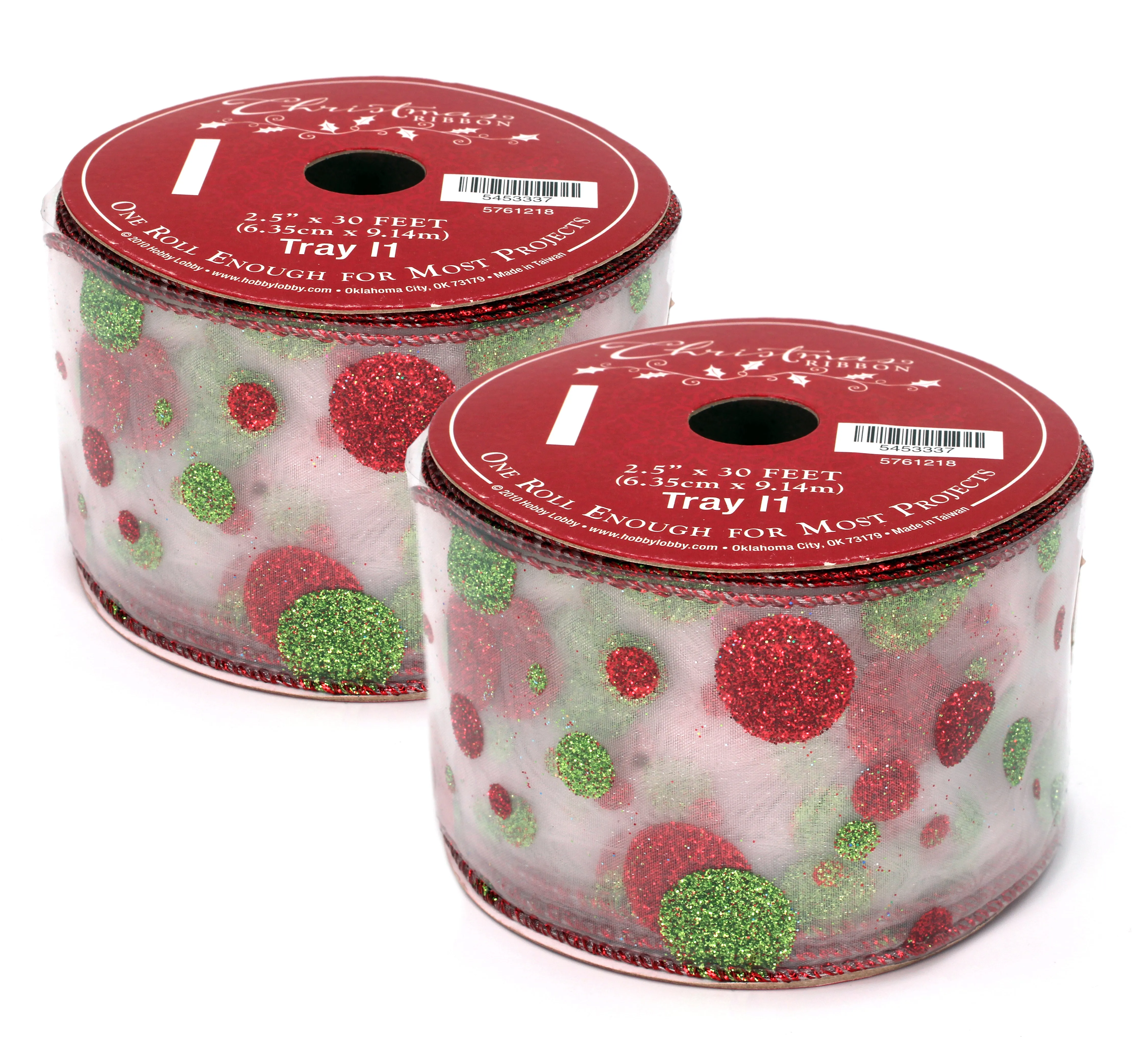 2 Pack of 30" White Ribbon with Lime Green and Red Glitter Polka Dots