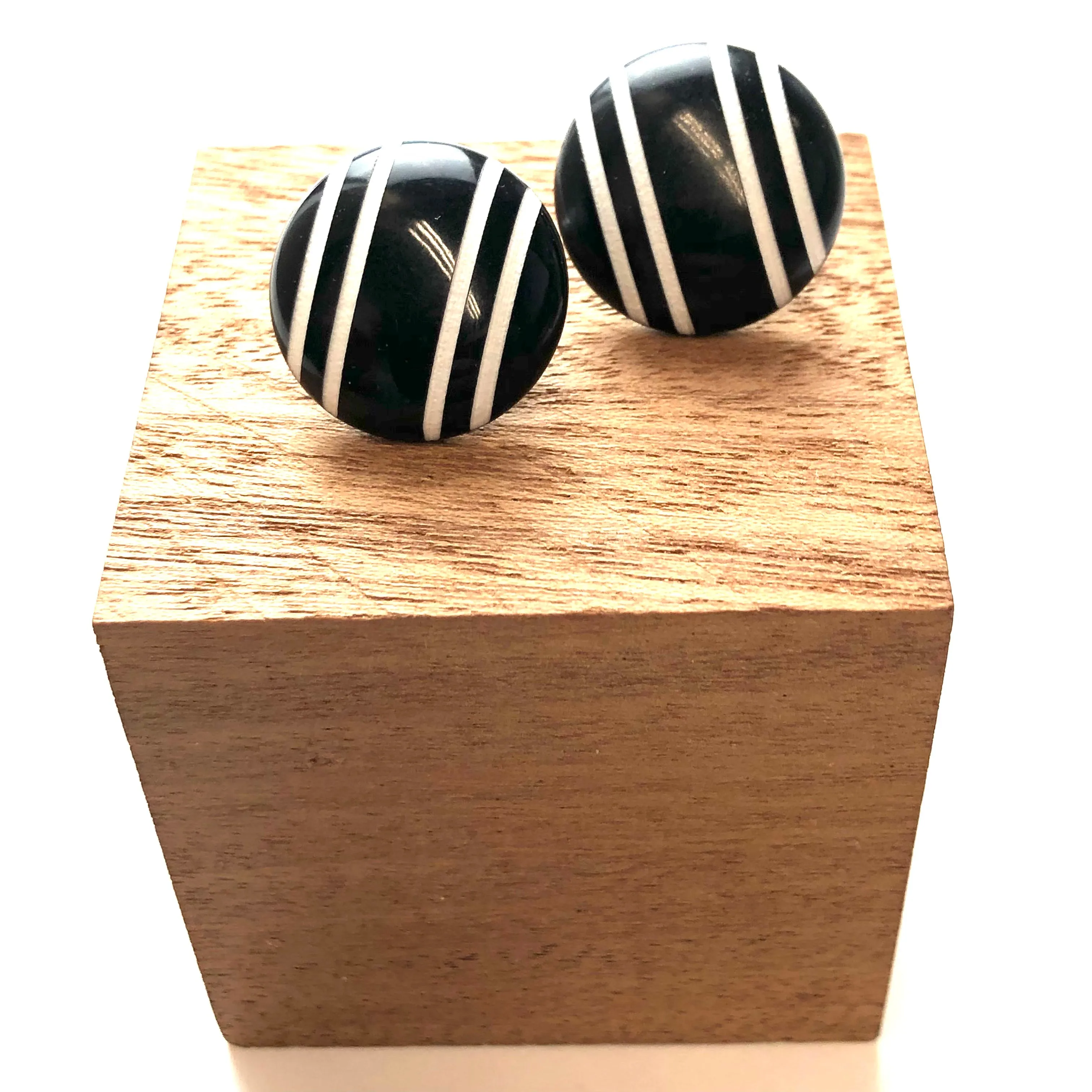 Black & White Pinstripe Retro Button Stud Earrings