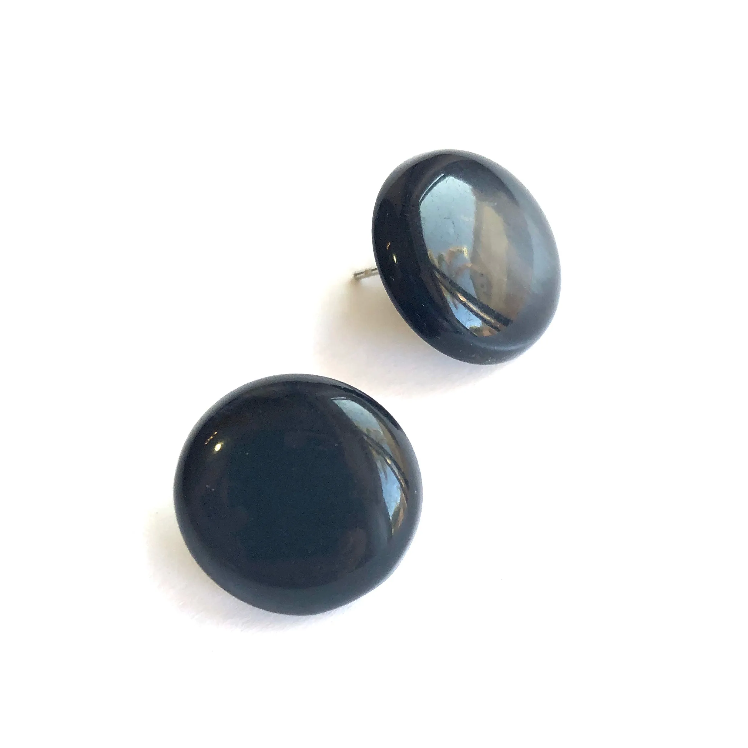 Black Moonglow Beveled Disc Stud Earrings