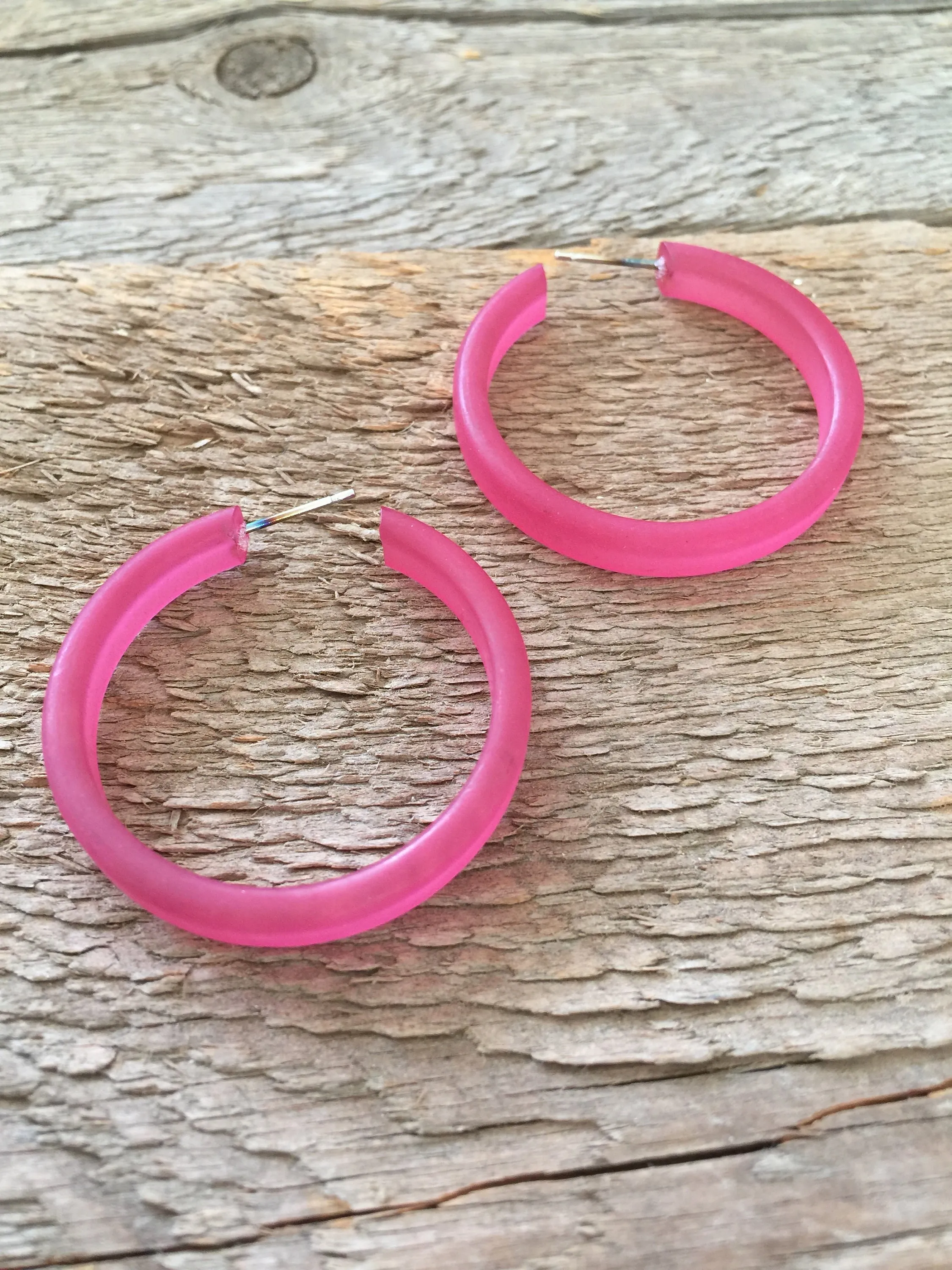 Cranberry Red Frosted Lucite Classic Hoop Earrings