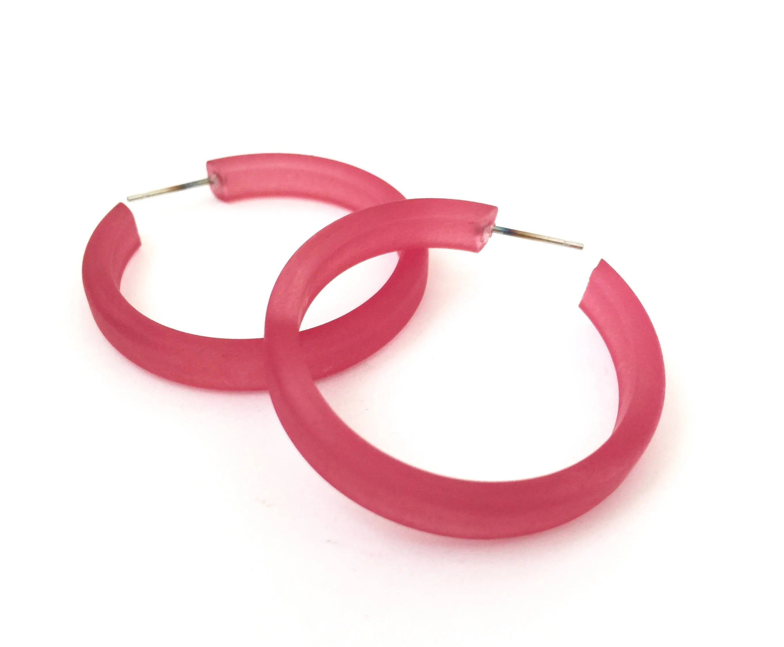 Cranberry Red Frosted Lucite Classic Hoop Earrings