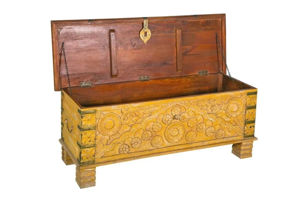 Hand carved natural Wood Storage Trunk in Sunshine Yellow