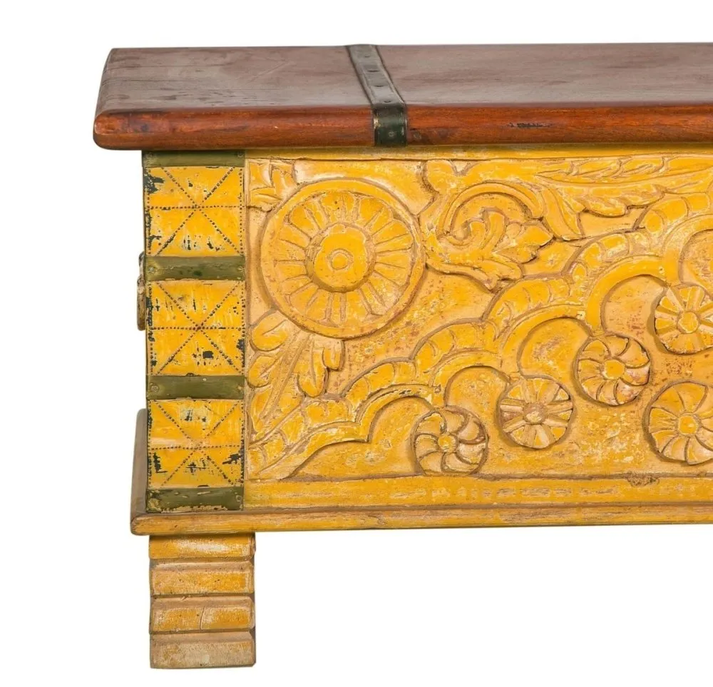 Hand carved natural Wood Storage Trunk in Sunshine Yellow