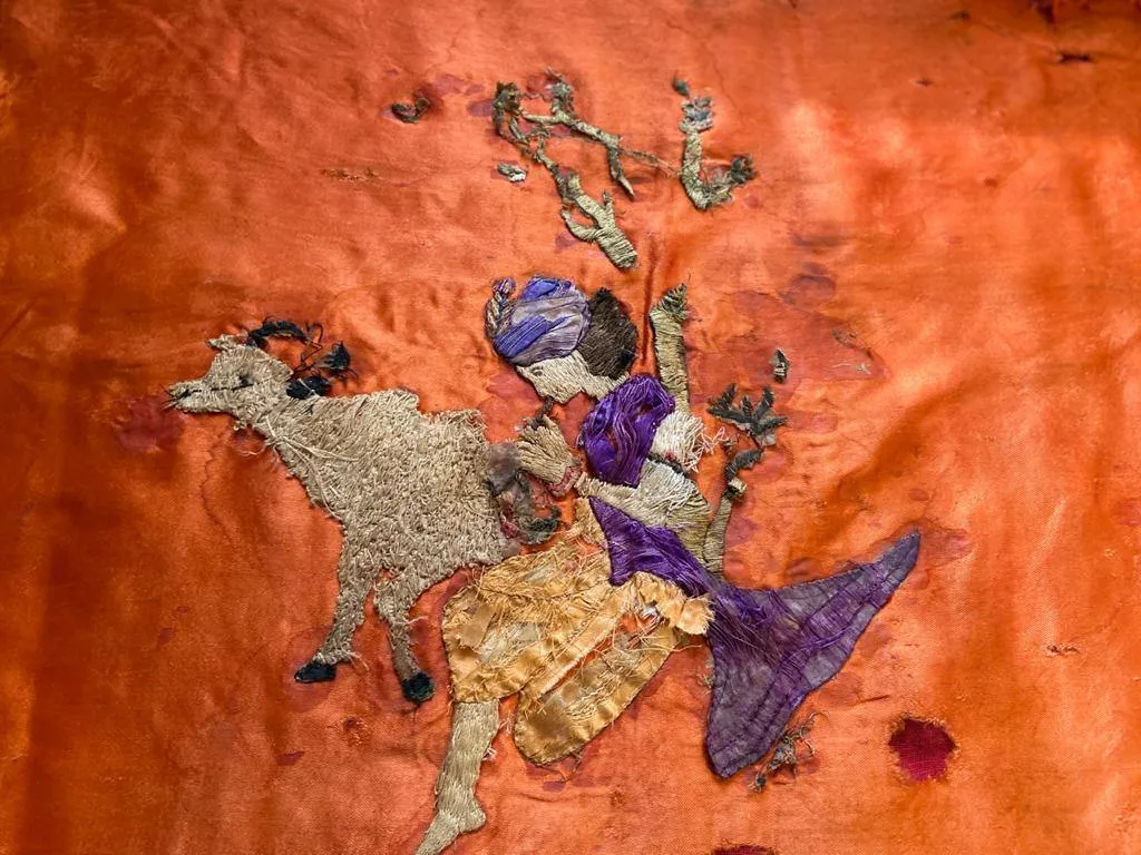 Krishna with cow : Vintage Embroidered Textile