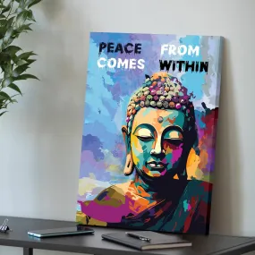 Painting Mantra Stretched Canvas Painting Lord Buddha Peace Comes Pop Graffiti Art For Living Room, Decorative Home & Wall Décor Abstract Art (Size: 16x22 Inch)