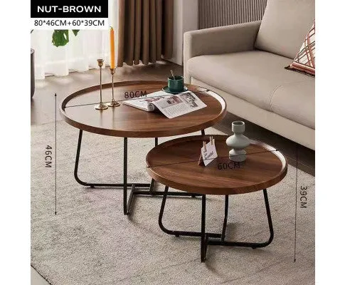 Removable Set of 2 Round Coffee Table Walnut Nesting Side End Table Furniture