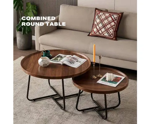 Removable Set of 2 Round Coffee Table Walnut Nesting Side End Table Furniture