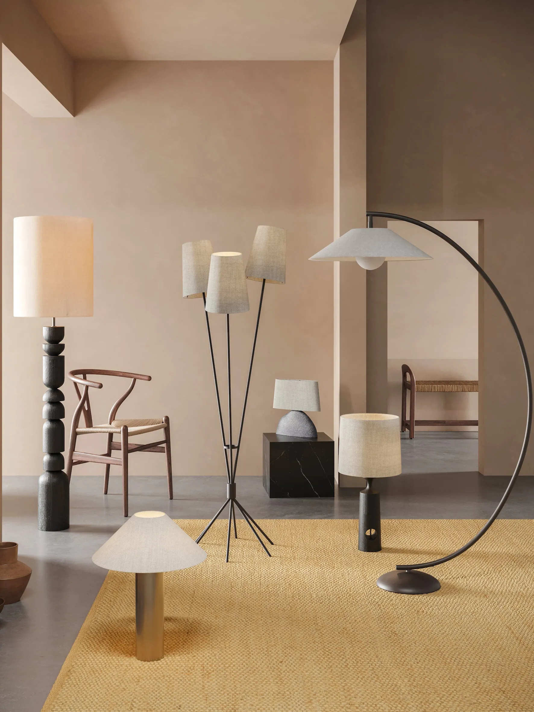 Renwick - 3 light linen and bronze floor lamp