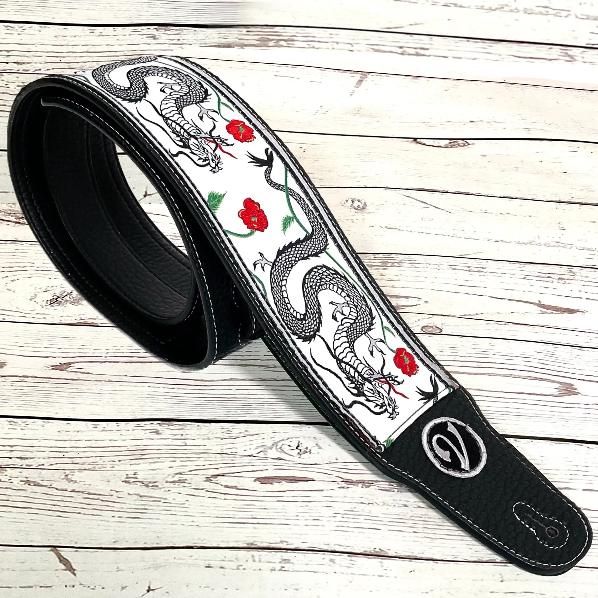 The Jimmy Page Dragon Suit Guitar Strap in White - Vtar Vegan Guitar Straps