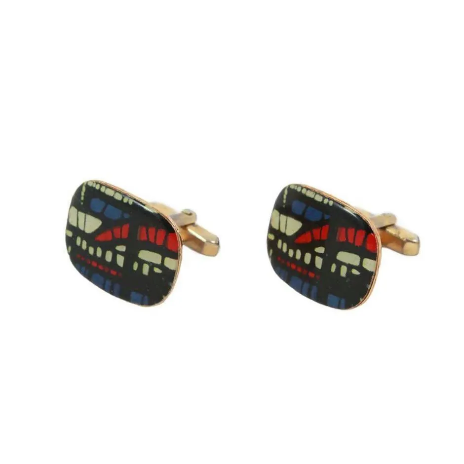 Vintage Large Enamel Abstract Patterned Silver with a Gold Vermeil Cufflinks